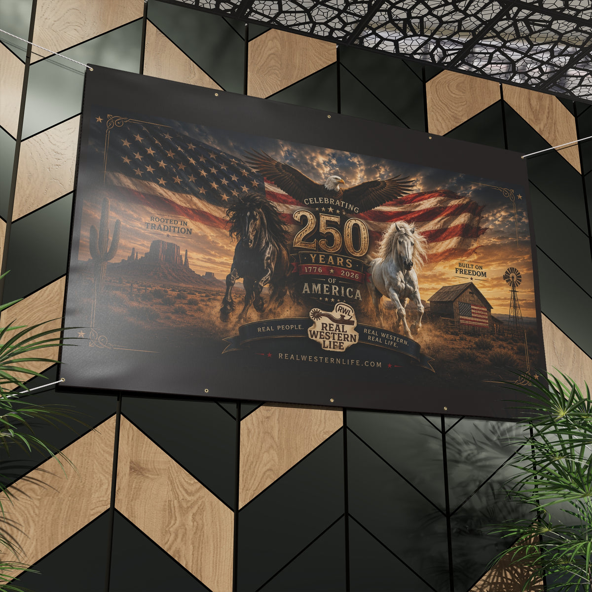 250 Years America Celebration Banner — Patriotic Western Horse Matte Banner
