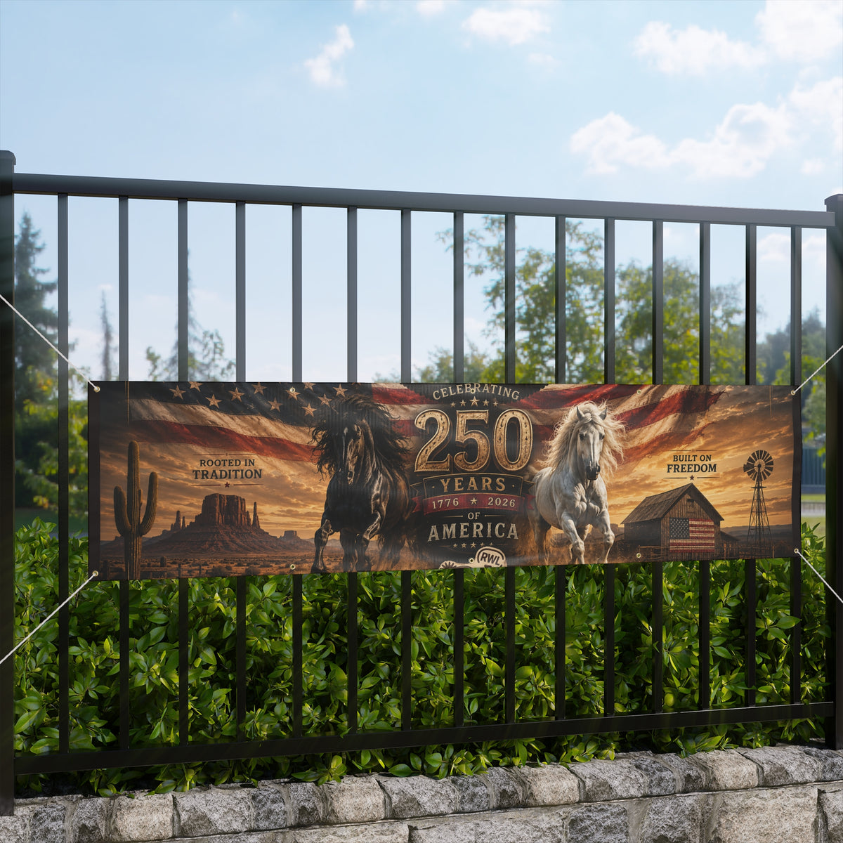 250 Years America Celebration Banner — Patriotic Western Horse Matte Banner