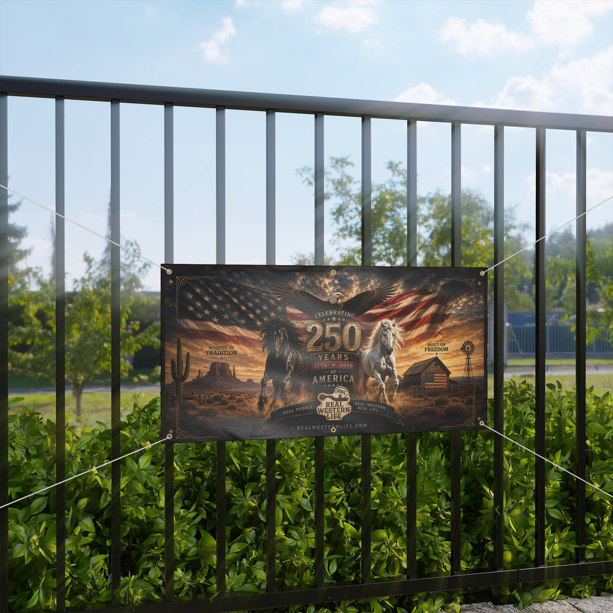 250 Years America Celebration Banner — Patriotic Western Horse Matte Banner