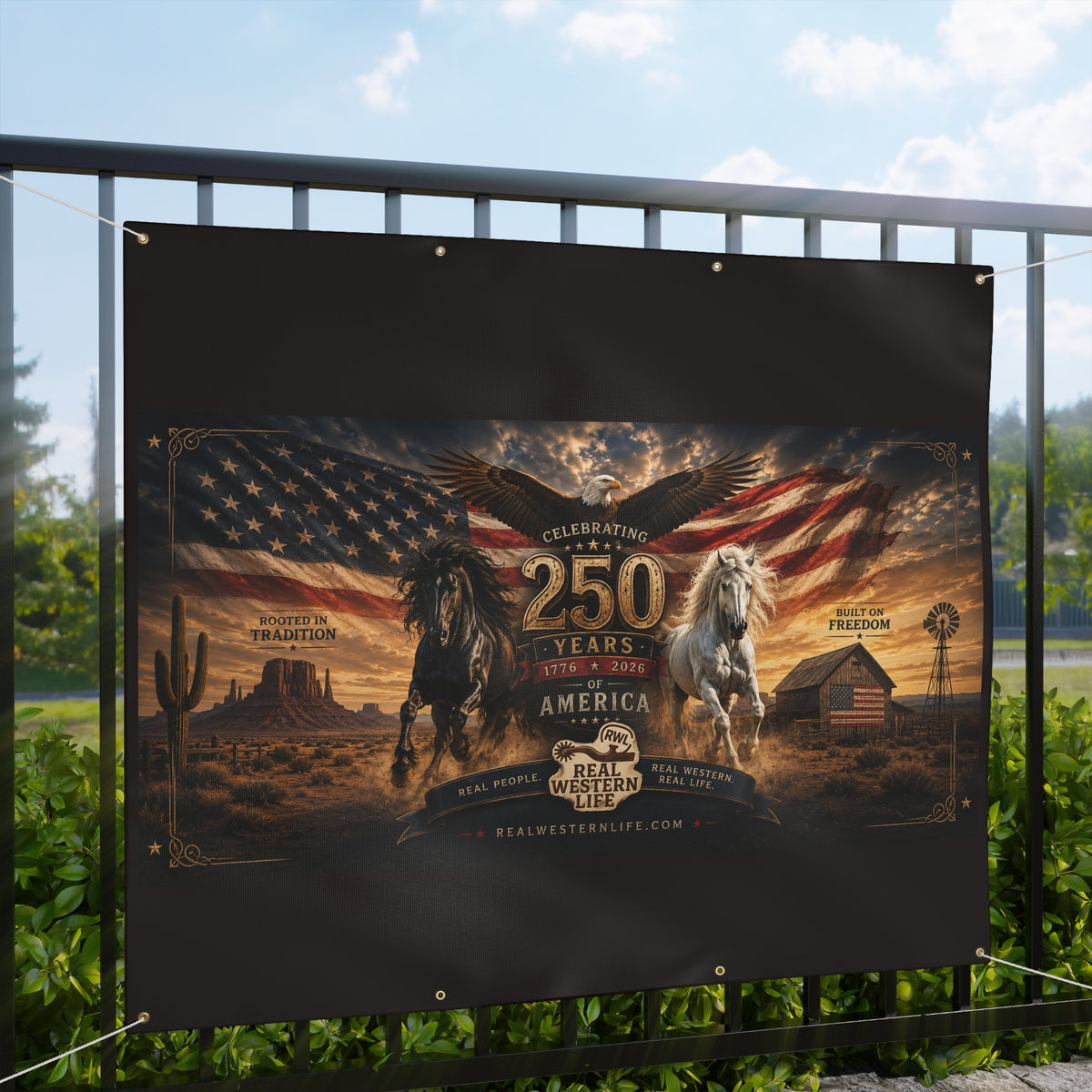 250 Years America Celebration Banner — Patriotic Western Horse Matte Banner