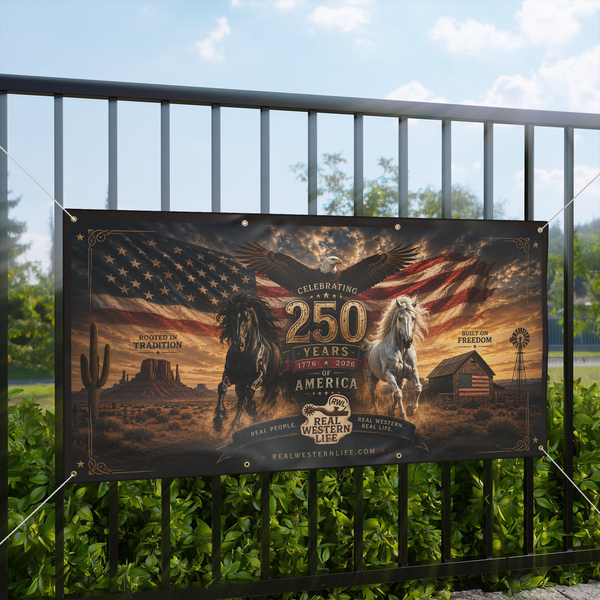 250 Years America Celebration Banner — Patriotic Western Horse Matte Banner