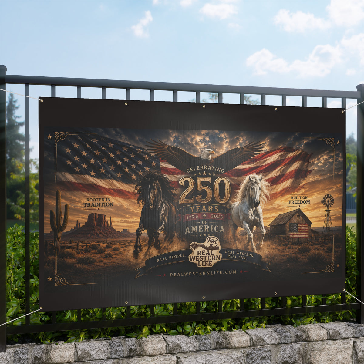 250 Years America Celebration Banner — Patriotic Western Horse Matte Banner