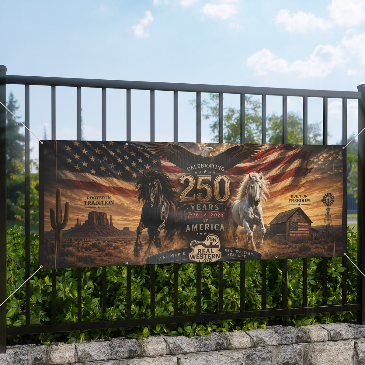 250 Years America Celebration Banner — Patriotic Western Horse Matte Banner